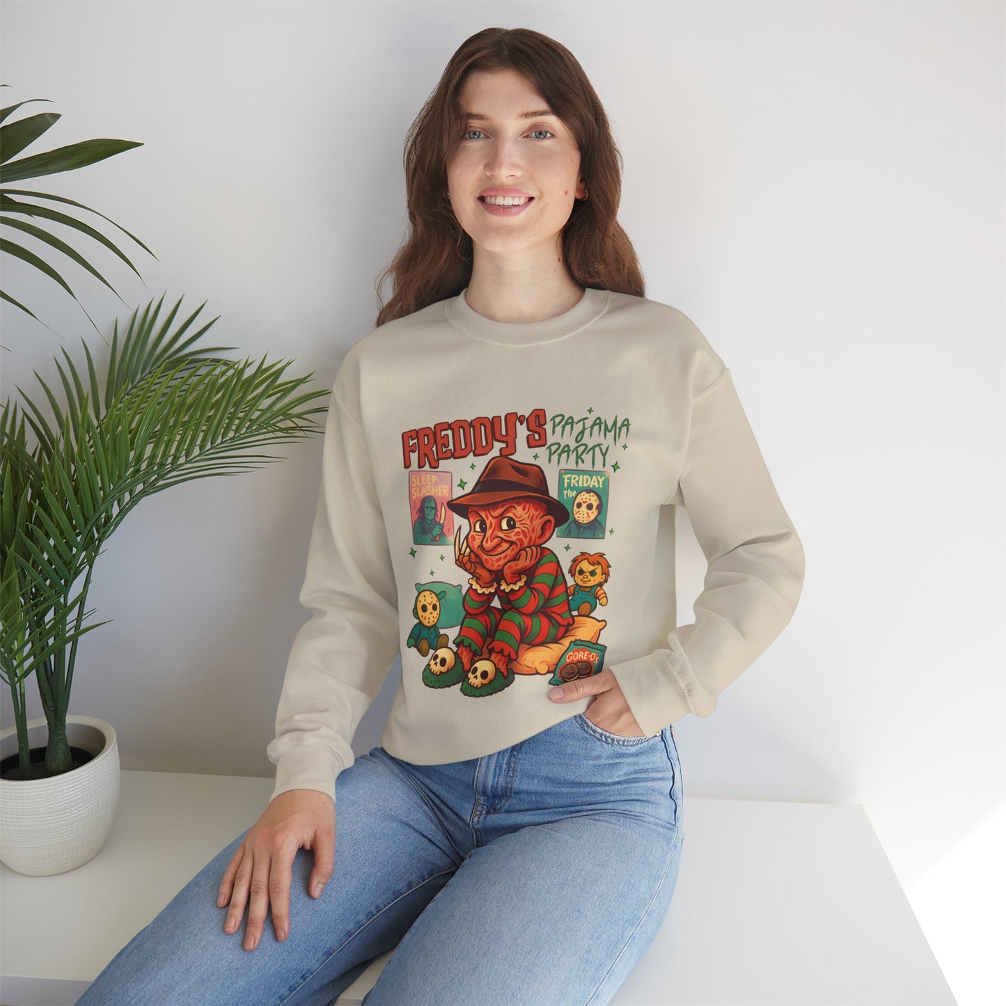 Freddy's Pajama Party Crewneck Sweatshirt | Halloween Sweater, Retro Horror Gift, Cozy Apparel, Unisex Design, Movie Memorabilia