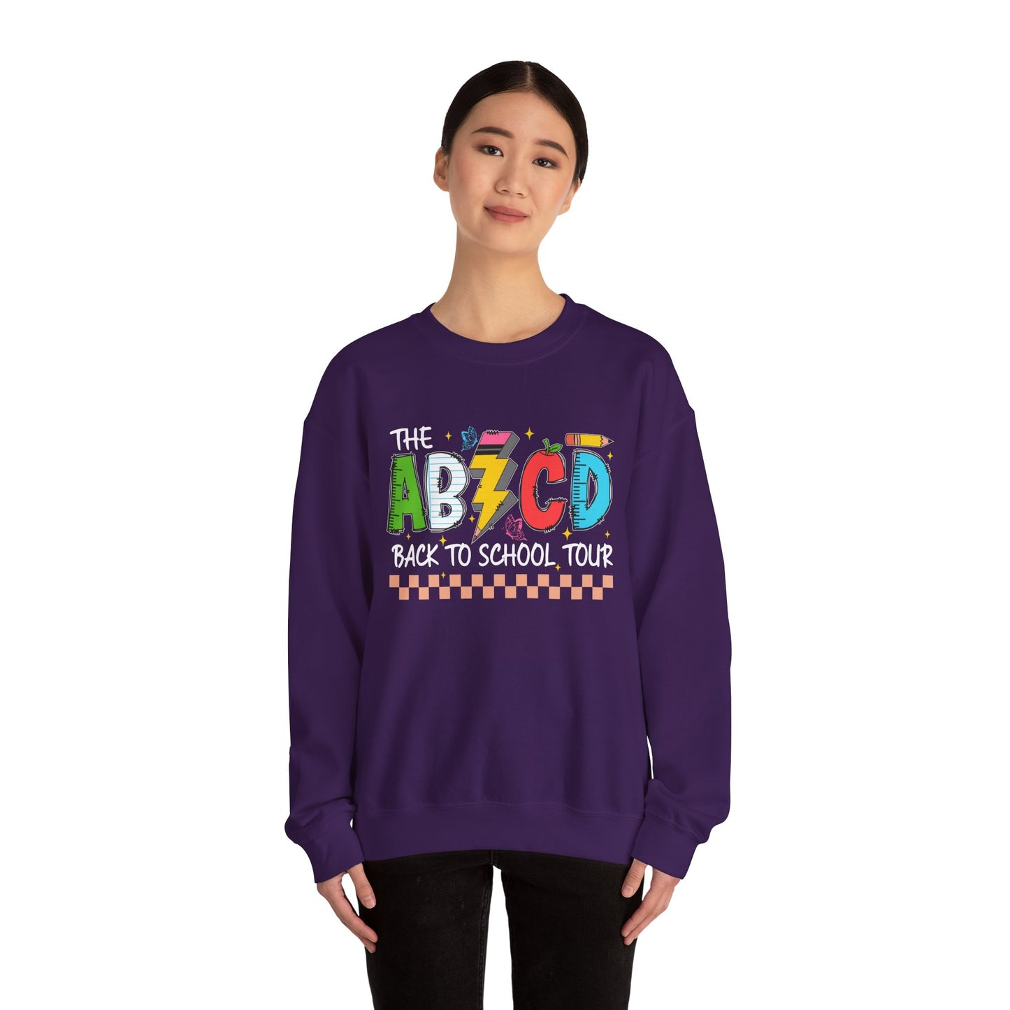 ABCD Back to School Tour Crewneck Sweatshirt, Unisex Sweatshirt, School Tour Apparel, Fun Gift for Students, Cozy Relaxing Wear