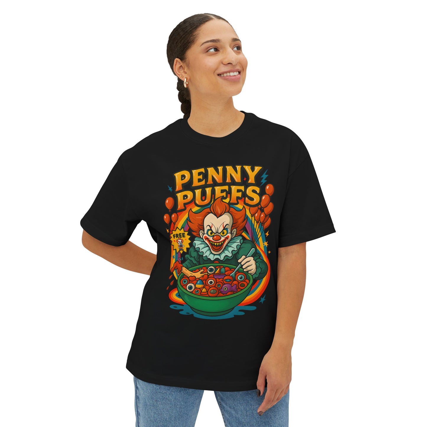 Penny Puffs Unisex Oversized Boxy Tee, Funny Graphic Tee, Halloween Costume, Casual Wear, Horror-Themed Apparel, Unique Gift Idea