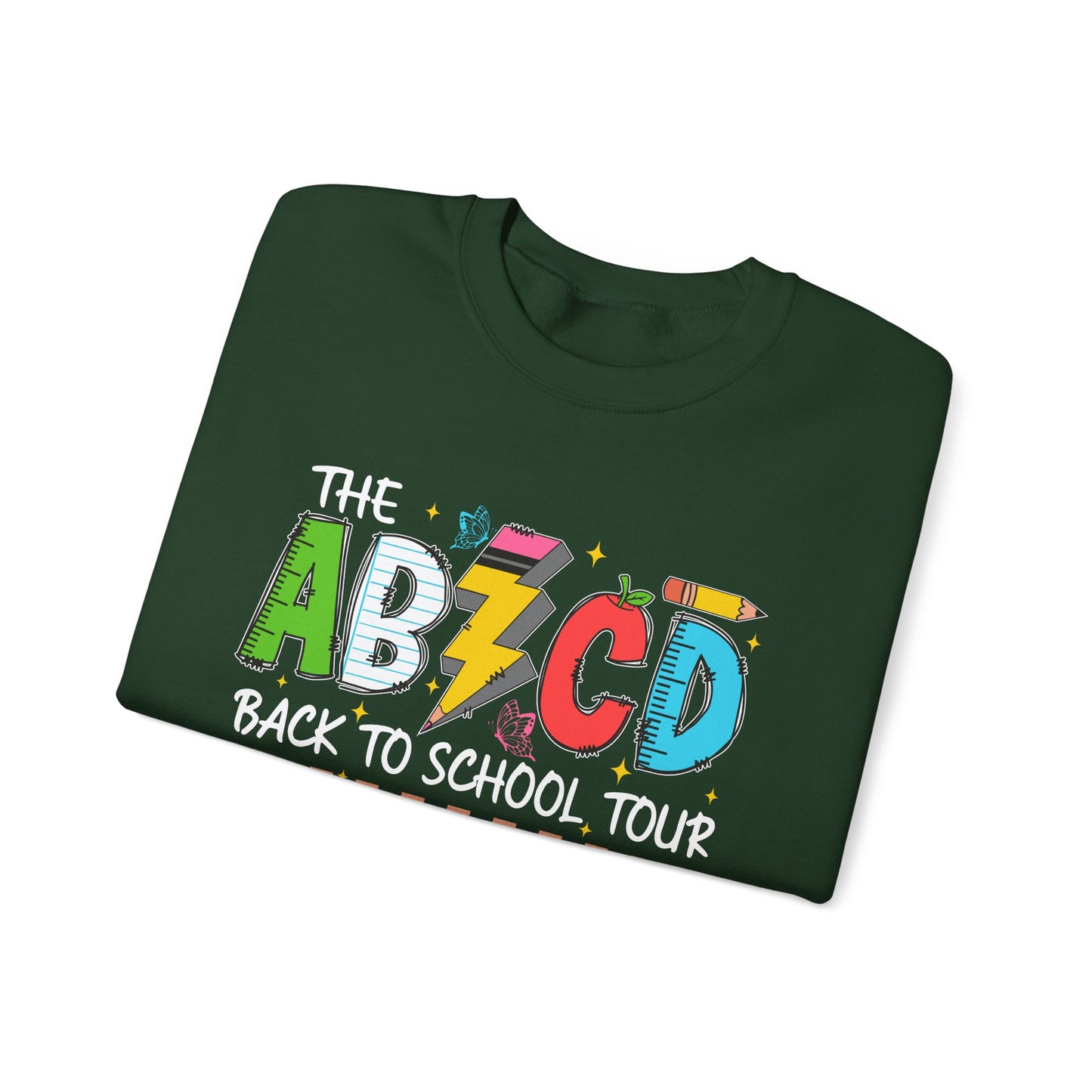 ABCD Back to School Tour Crewneck Sweatshirt, Unisex Sweatshirt, School Tour Apparel, Fun Gift for Students, Cozy Relaxing Wear
