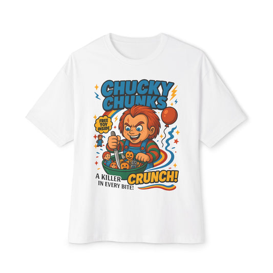 Retro Horror Chucky Chunks Tee | Fun Unisex Oversized Boxy Shirt | Perfect for Halloween, Movie Nights, Casual Wear, Gift Ideas, Graphic Tee