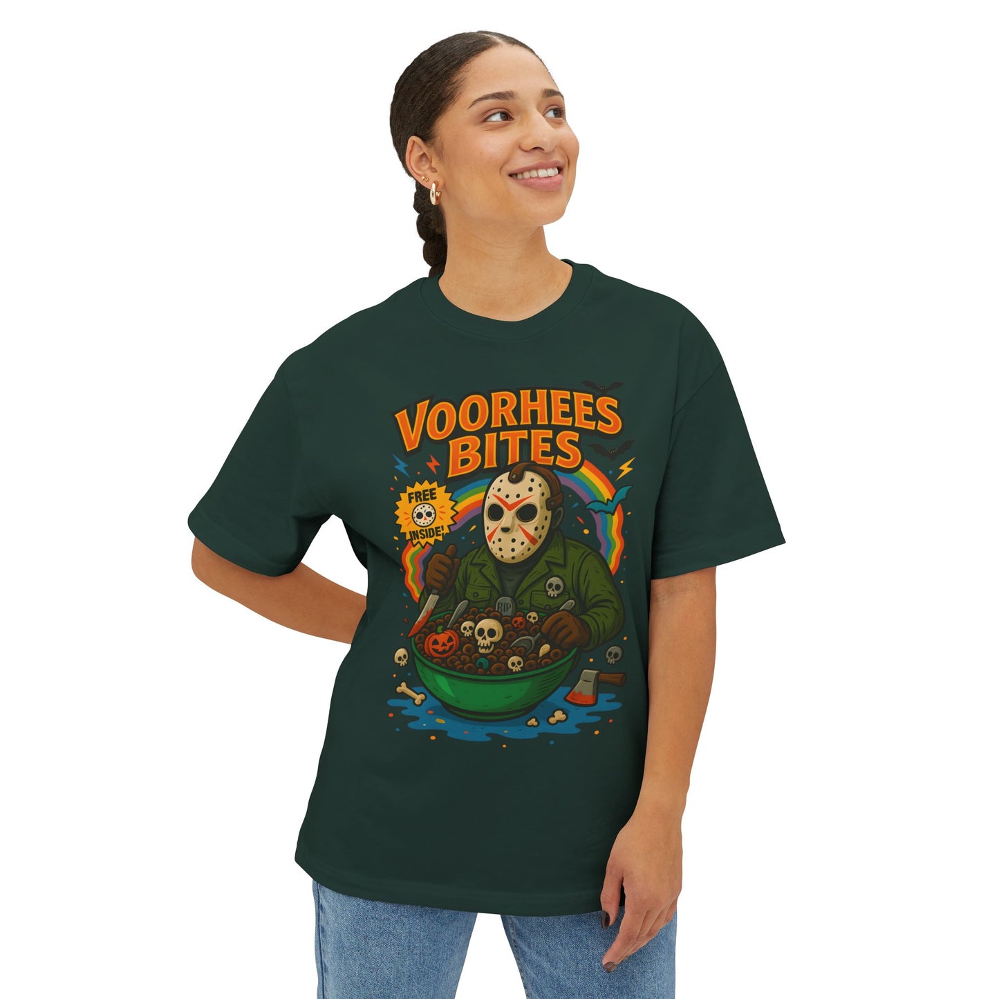 Retro Horror Graphic Tee - Voorhee's Bites | Unisex Oversized Tee, Horror Fashion, Movie Merchandise, Halloween Apparel, Casual Streetwear