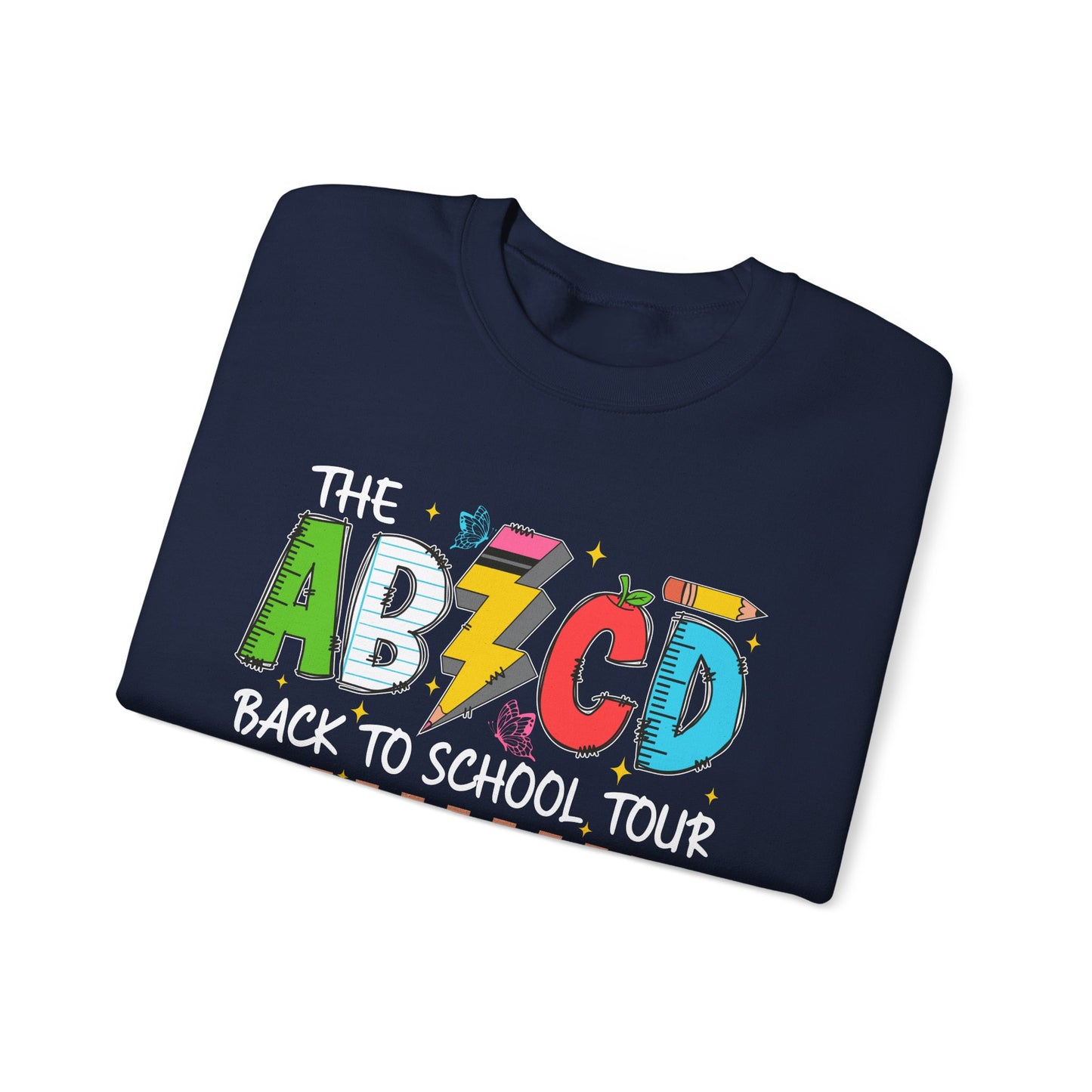 ABCD Back to School Tour Crewneck Sweatshirt, Unisex Sweatshirt, School Tour Apparel, Fun Gift for Students, Cozy Relaxing Wear