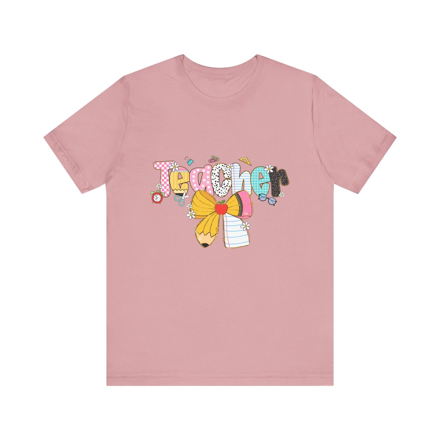 Teacher Bow Short Sleeve Tee, Gift for Educators, Cute Teacher Shirt, Classroom Outfit, Back to School Apparel, Birthday Gift