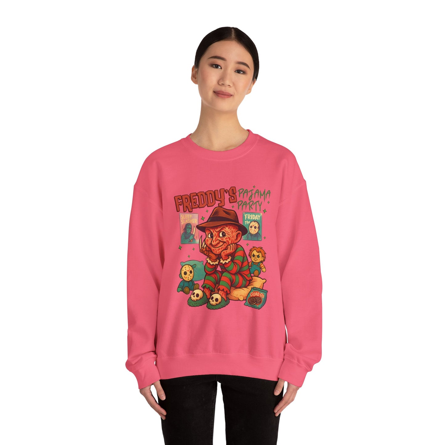 Freddy's Pajama Party Crewneck Sweatshirt | Halloween Sweater, Retro Horror Gift, Cozy Apparel, Unisex Design, Movie Memorabilia