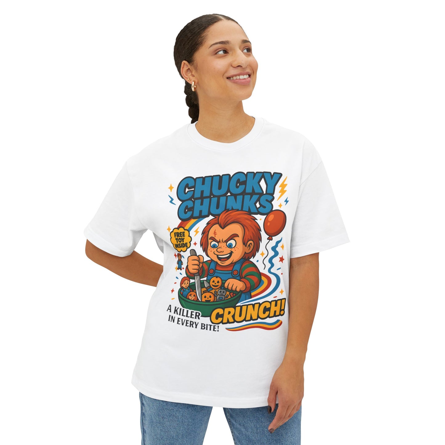 Retro Horror Chucky Chunks Tee | Fun Unisex Oversized Boxy Shirt | Perfect for Halloween, Movie Nights, Casual Wear, Gift Ideas, Graphic Tee