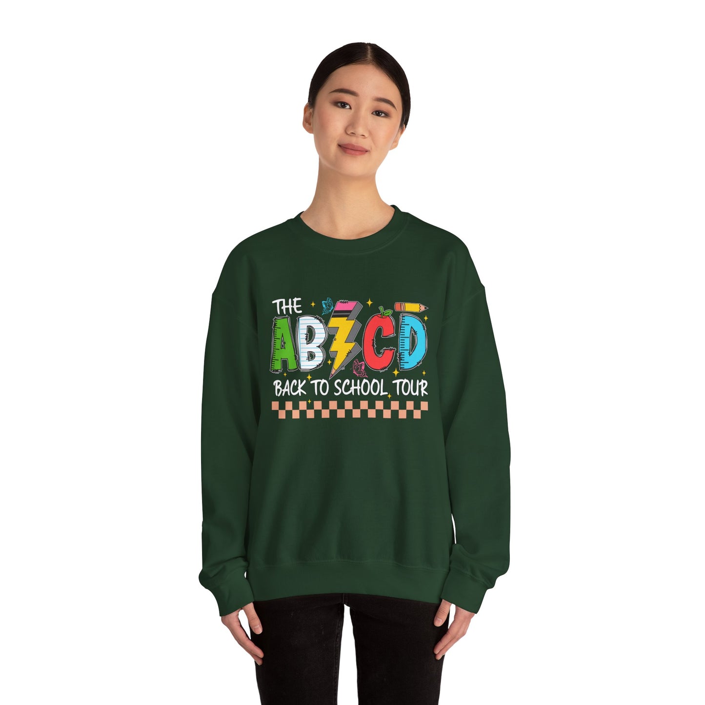 ABCD Back to School Tour Crewneck Sweatshirt, Unisex Sweatshirt, School Tour Apparel, Fun Gift for Students, Cozy Relaxing Wear