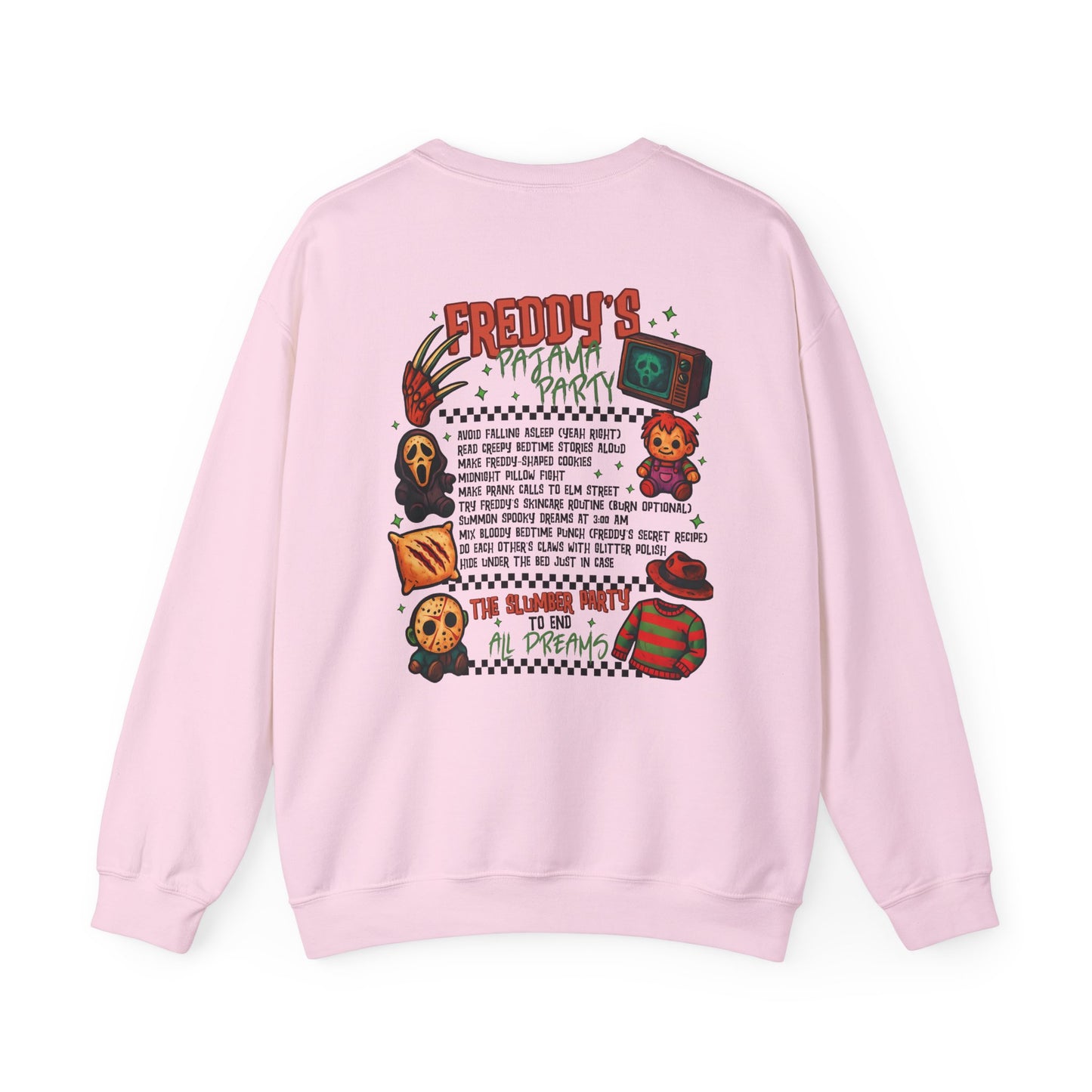 Freddy's Pajama Party Crewneck Sweatshirt | Halloween Sweater, Retro Horror Gift, Cozy Apparel, Unisex Design, Movie Memorabilia