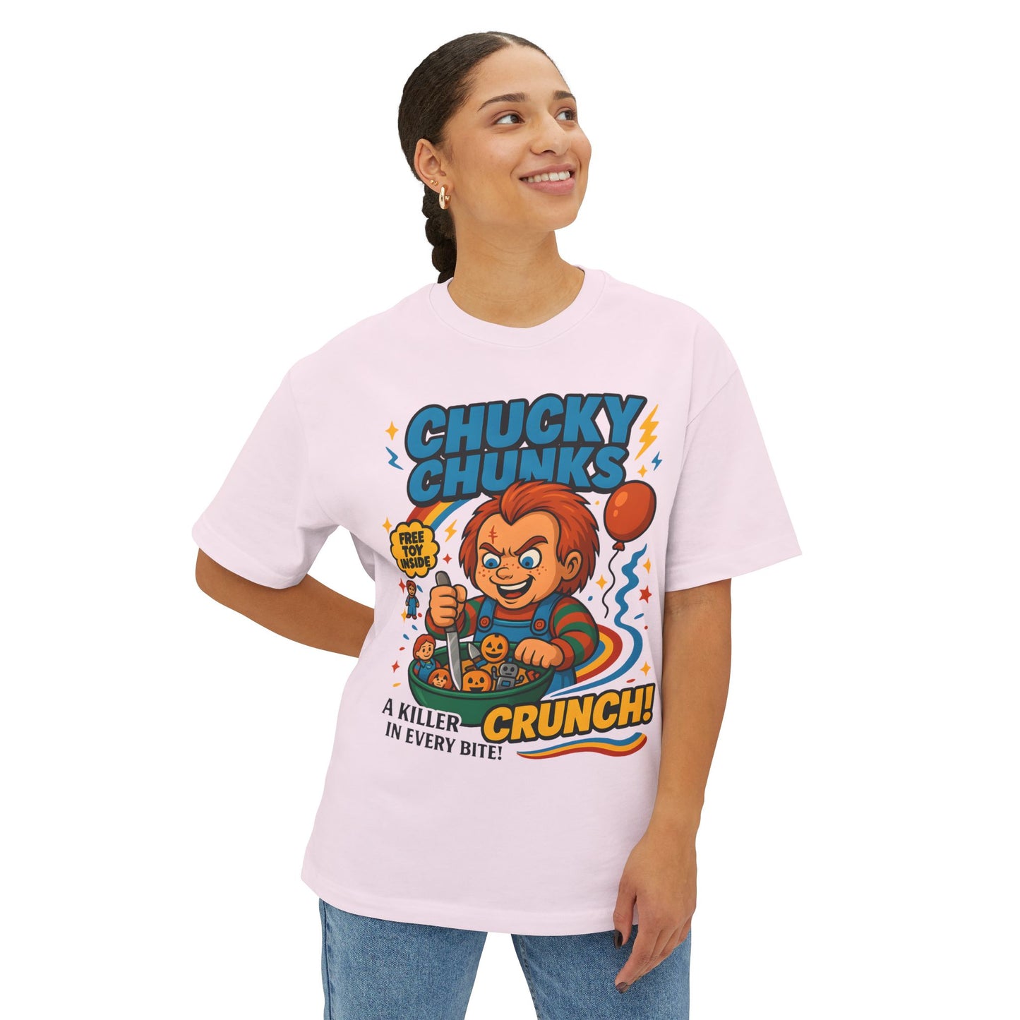 Retro Horror Chucky Chunks Tee | Fun Unisex Oversized Boxy Shirt | Perfect for Halloween, Movie Nights, Casual Wear, Gift Ideas, Graphic Tee