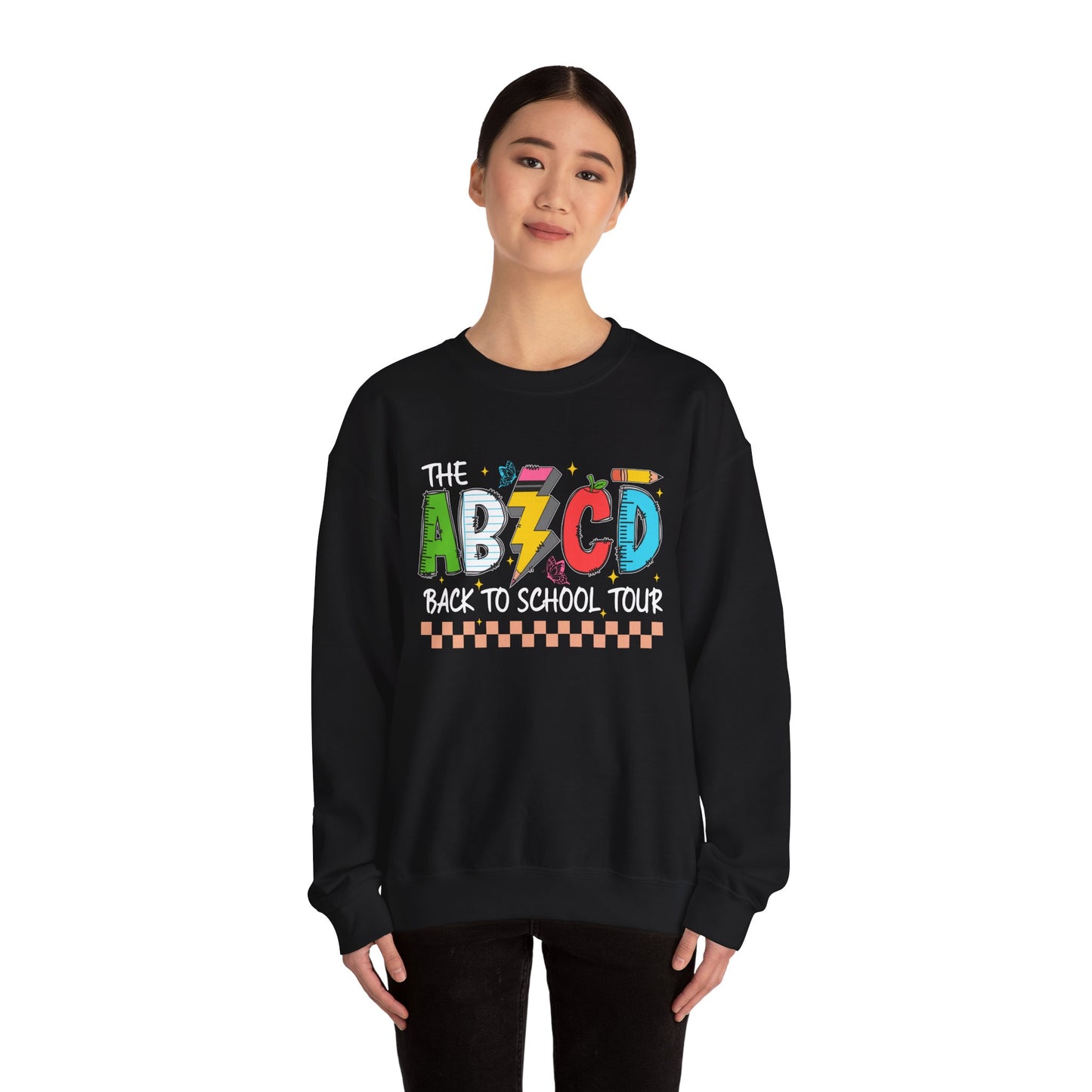ABCD Back to School Tour Crewneck Sweatshirt, Unisex Sweatshirt, School Tour Apparel, Fun Gift for Students, Cozy Relaxing Wear