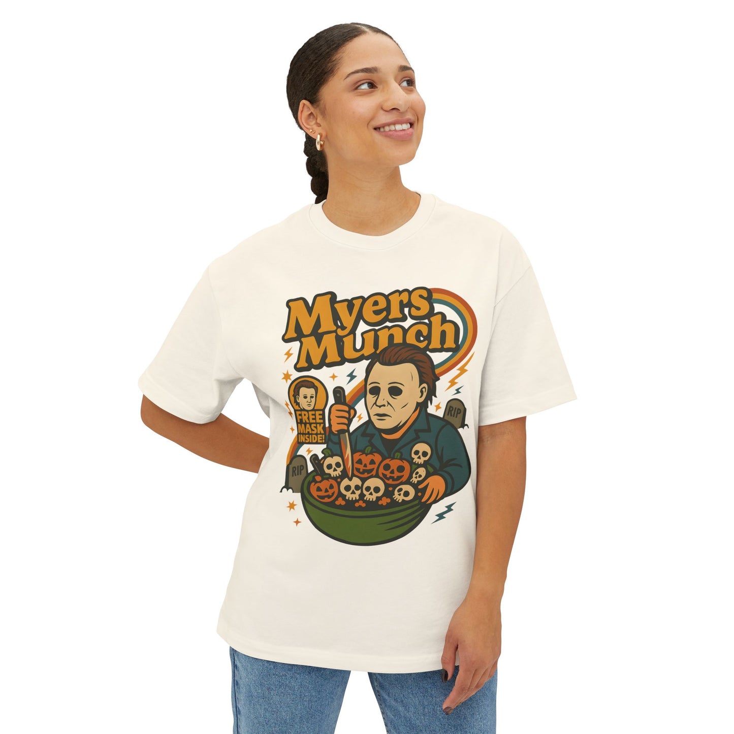 Halloween Graphic Tee, Myers Munch Shirt, Unisex Oversized Top, Spooky Apparel, Horror Movie Fan Gift