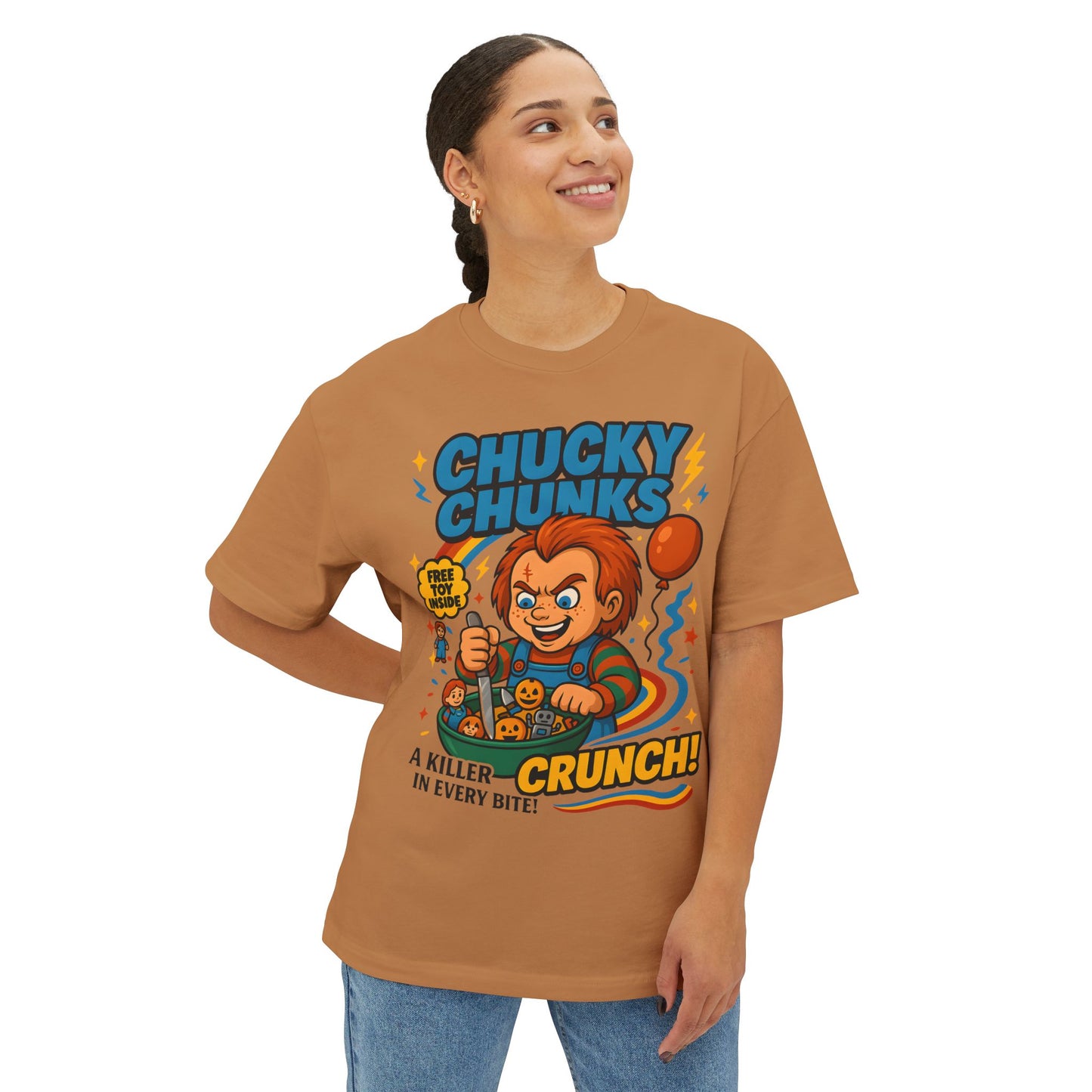 Retro Horror Chucky Chunks Tee | Fun Unisex Oversized Boxy Shirt | Perfect for Halloween, Movie Nights, Casual Wear, Gift Ideas, Graphic Tee