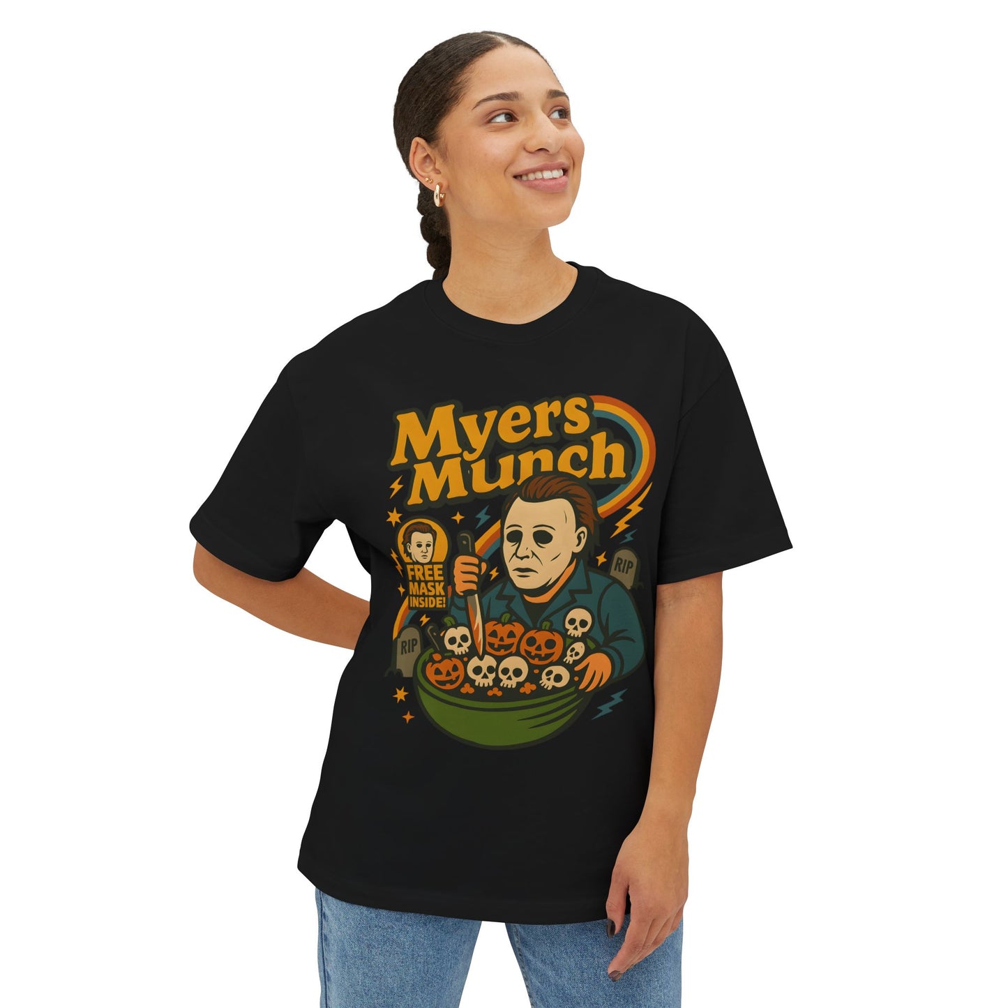 Halloween Graphic Tee, Myers Munch Shirt, Unisex Oversized Top, Spooky Apparel, Horror Movie Fan Gift