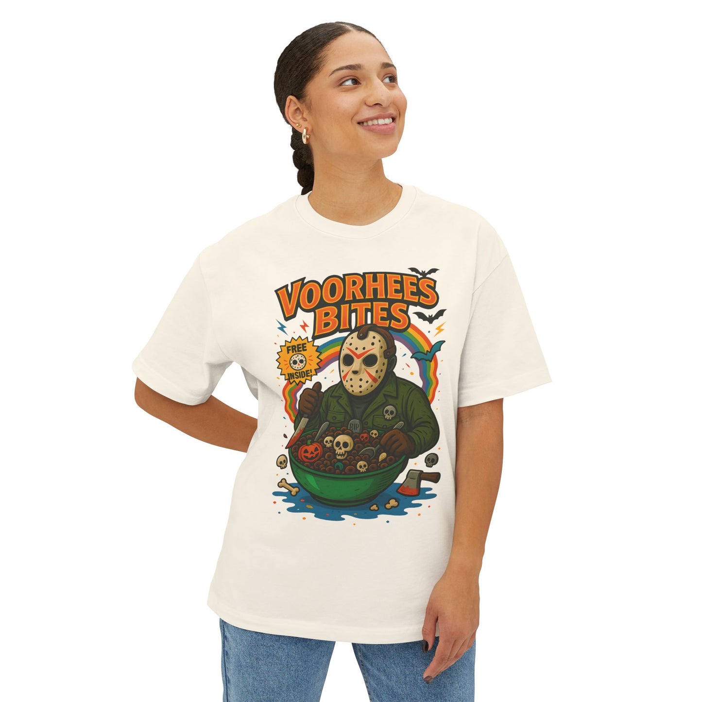 Retro Horror Graphic Tee - Voorhee's Bites | Unisex Oversized Tee, Horror Fashion, Movie Merchandise, Halloween Apparel, Casual Streetwear