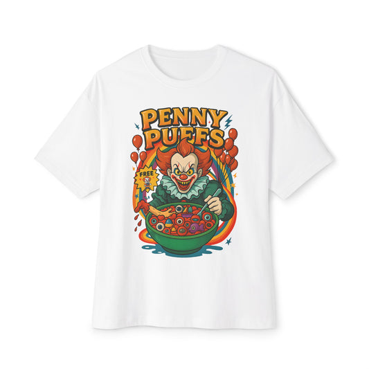 Penny Puffs Unisex Oversized Boxy Tee, Funny Graphic Tee, Halloween Costume, Casual Wear, Horror-Themed Apparel, Unique Gift Idea