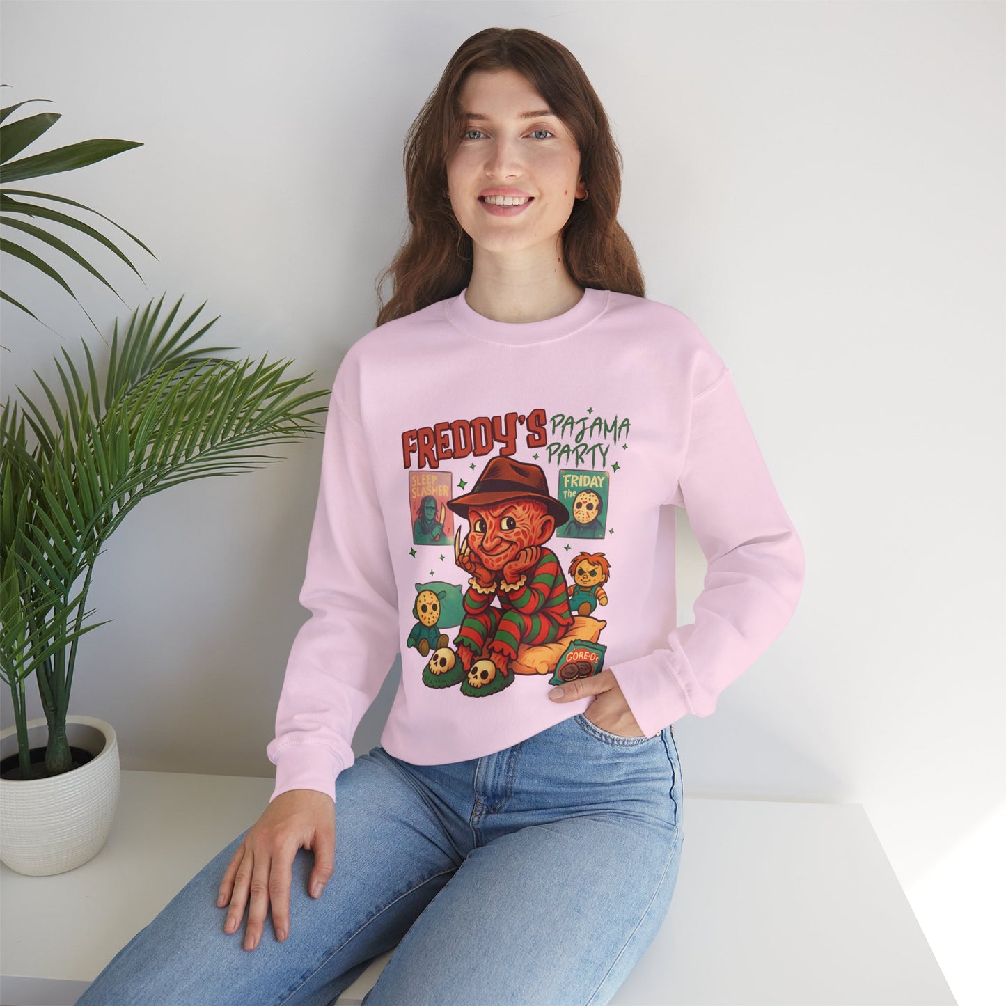 Freddy's Pajama Party Crewneck Sweatshirt | Halloween Sweater, Retro Horror Gift, Cozy Apparel, Unisex Design, Movie Memorabilia