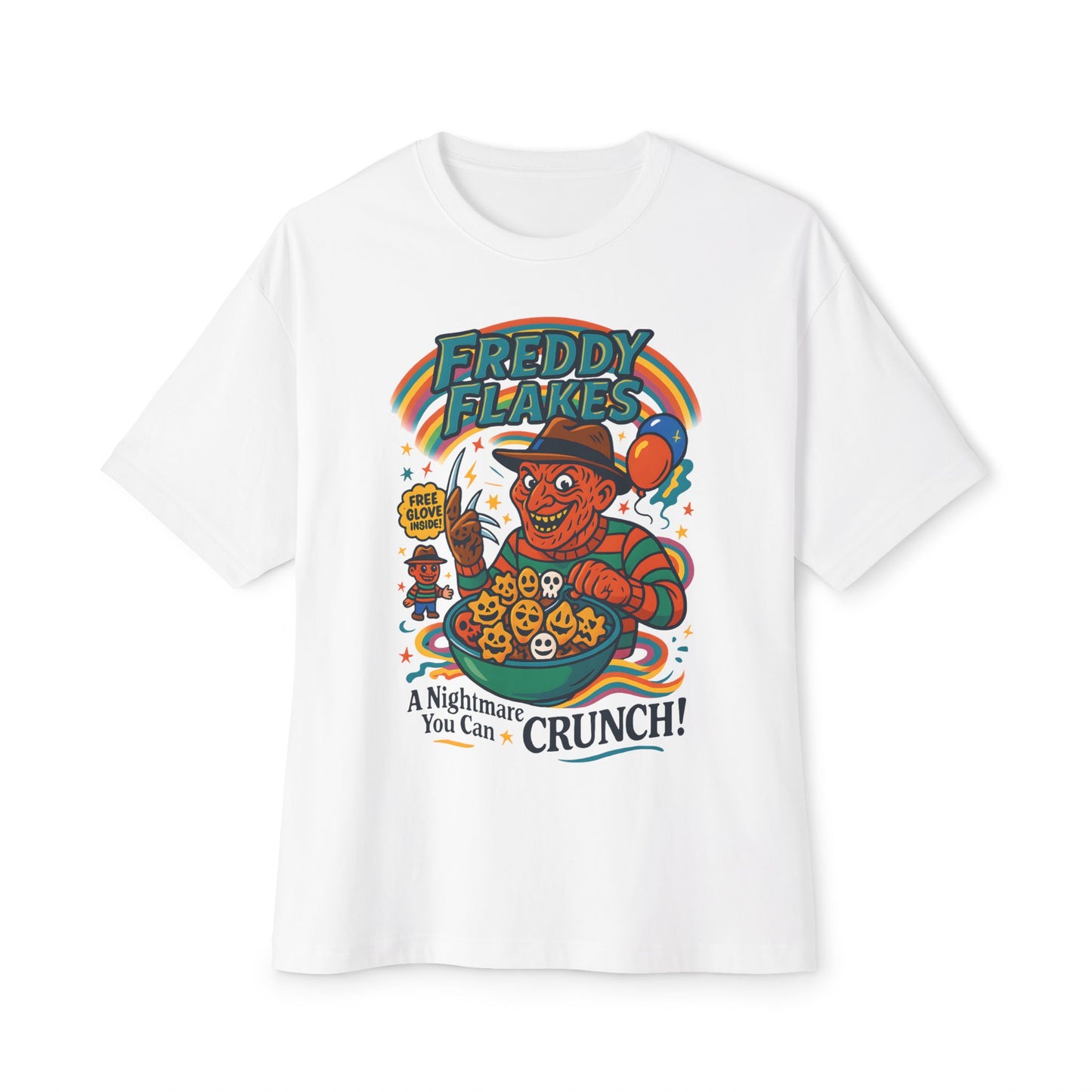 Freddy Flakes Unisex Oversized Tee - Fun Graphic Shirt, Horror Movie Merchandise, Halloween Apparel, Gift for Fans