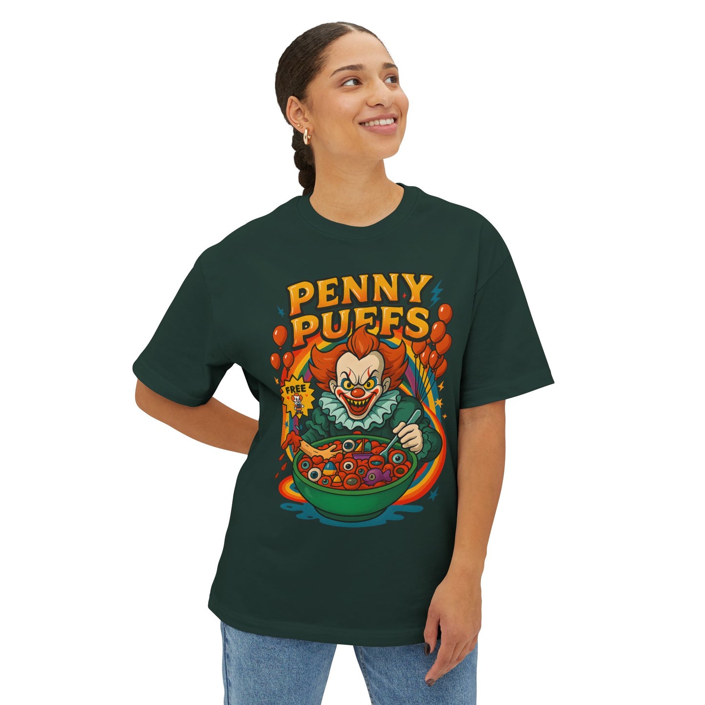 Penny Puffs Unisex Oversized Boxy Tee, Funny Graphic Tee, Halloween Costume, Casual Wear, Horror-Themed Apparel, Unique Gift Idea