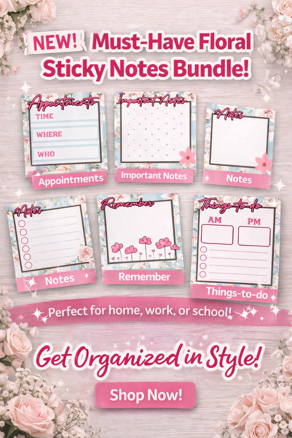 Editable Blue and White Stripe Floral Sticky Notes Bundle (Set of 5) | Printable Notes, To-Do List, Planner Pads | Cute Digital Stationery