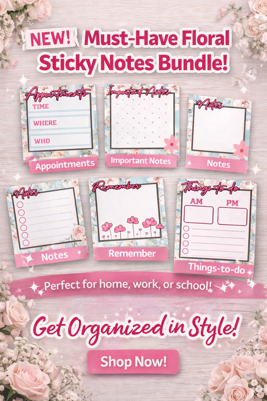 Editable Blue and White Stripe Floral Sticky Notes Bundle (Set of 5) | Printable Notes, To-Do List, Planner Pads | Cute Digital Stationery