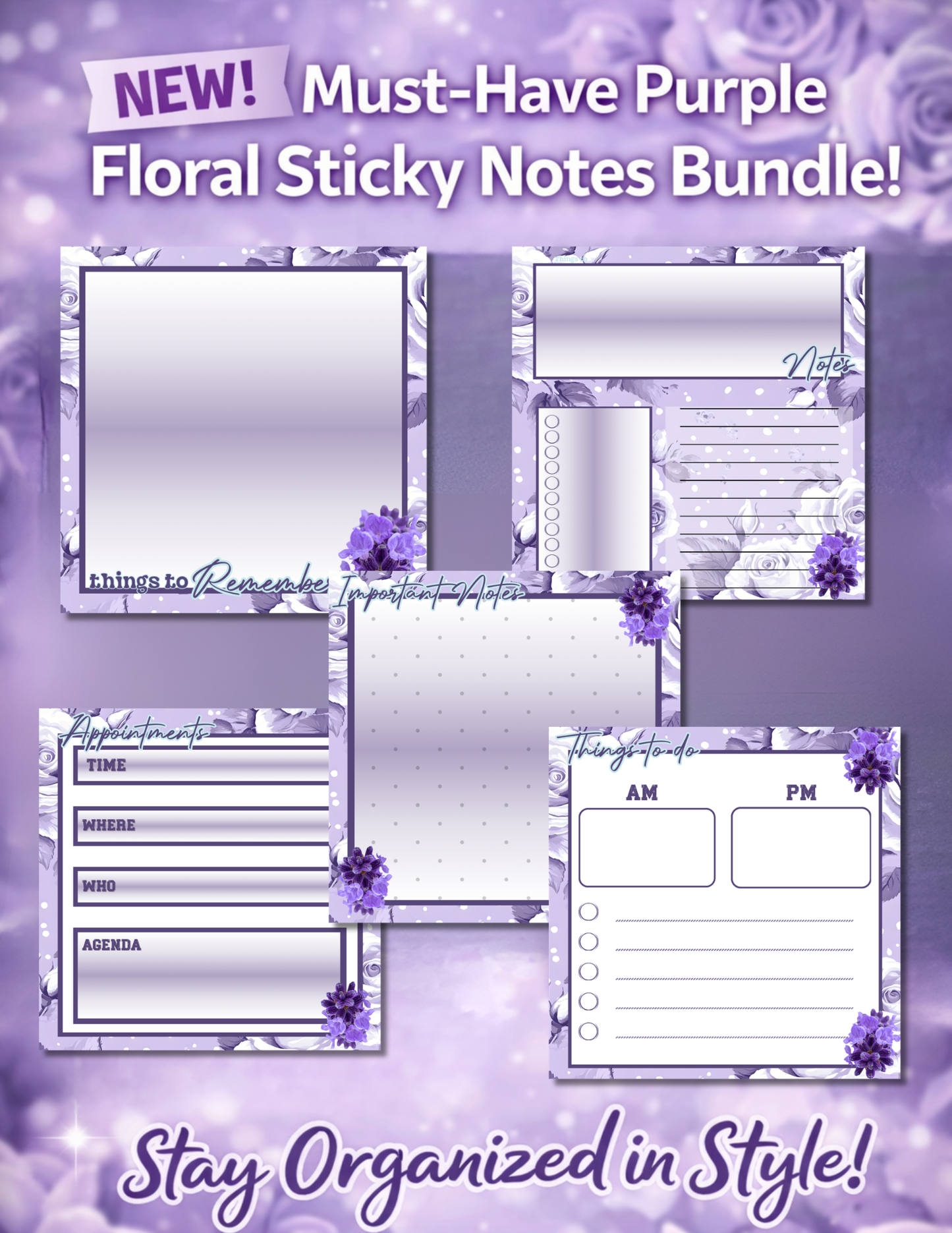 Editable Purple Floral Sticky Notes bundle of 5 | Printable Notes, To-Do List, Planner Pads | Cute Digital Stationery